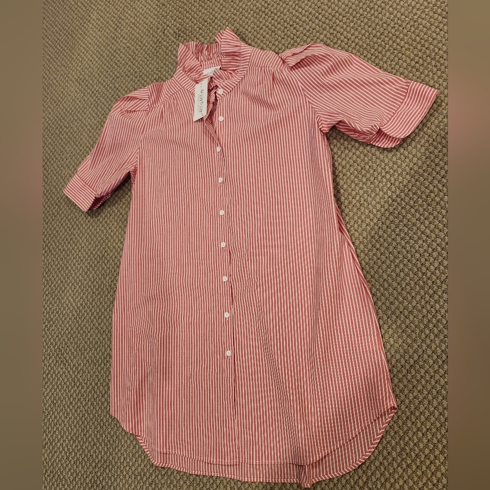 Adrienne Pink and White Striped Ruffle-Collar Button Shirt Dress Size 1X